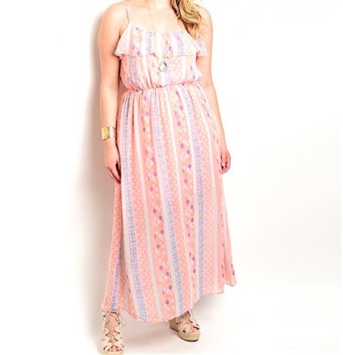 Plus Size Ruffle Bust Tribal Stripe Summer Maxi Dress