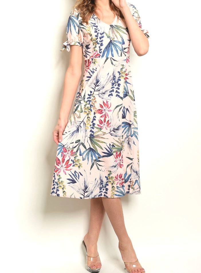 $35 Short Sleeve Empire Waist Tropical Print Career Midi Dress