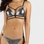 $24 Silver Metallic Black Strappy 2pc Bikini Bathing Suit Fashion