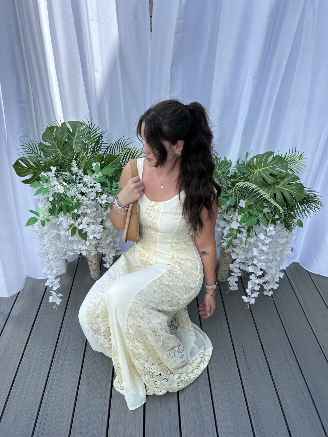 Sleeveless Floral Lace Contrast Panel Gown Wedding Fashion Dress