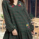 $16 Long Blouson Sleeve Floral Embroidered Check Ruffle Hem Tunic Dress