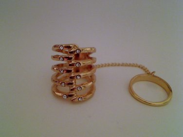 GOLD RHINESTONE KNUCKLE ARMOR DOUBLE FINGER SKULL SLAVE CHAIN RING