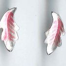 Silver and pink leaf pierced earrings fashion jewelry {666E}