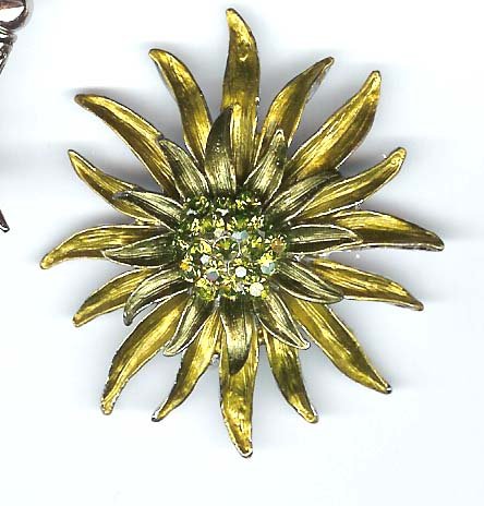 Green fashion pin with crystals - vintage brooch