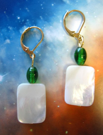 White mother of pearl with green vintage glass bead drop earrings