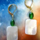 White mother of pearl with green vintage glass bead drop earrings