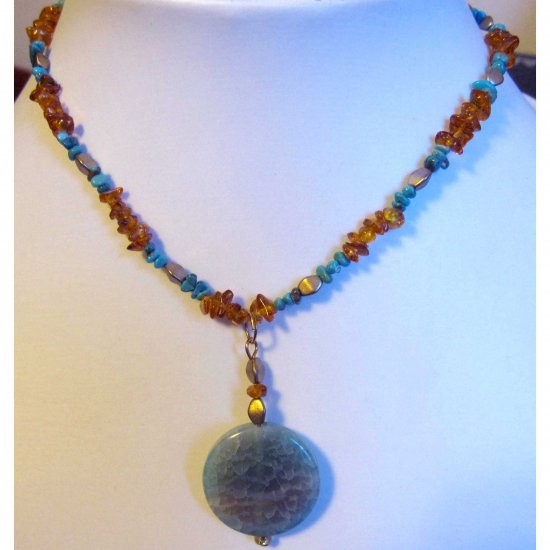 Turquoise and amber semiprecious necklace with agate pendant
