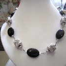 OOAK Oval onyx beads accented by silver cross squares made in USA - fashion necklace