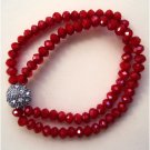 Red faceted double row slip on trendy fashion bracelet with crystal ball