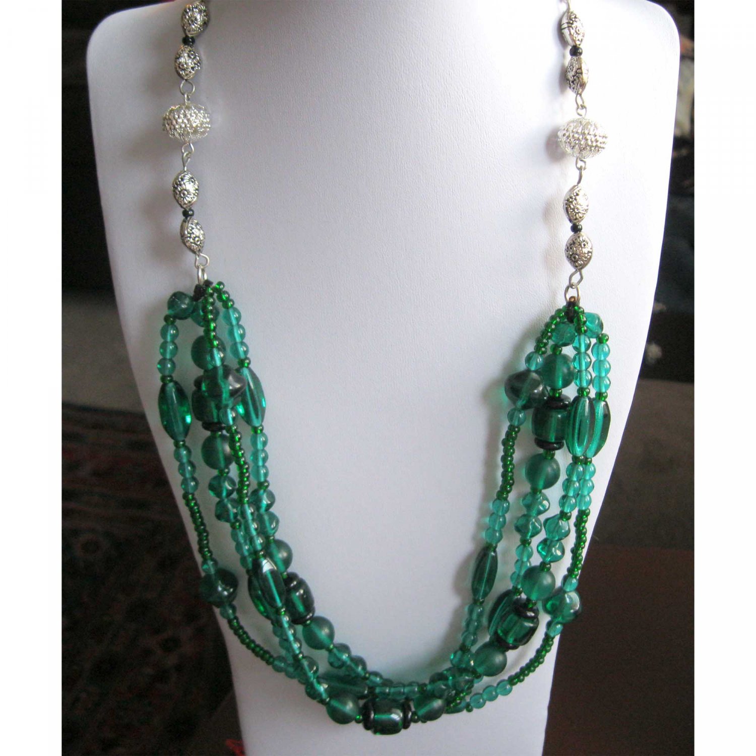 Green statement necklace with silver accents OOAK fashion jewelry