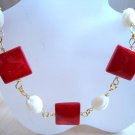 Red and white mother of pearl linked trendy yet timeless fashion necklace