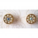 Faux pearl gold button earrings with aurora borealis crystal center{1512e,1513e}