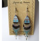 Aztec style blue black silver drop earrings - {1516E}