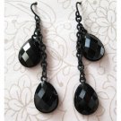 Black teardrop trendy fashion earrings on chain (1497E)