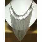 Silver statement fashion necklace cascading chains and leaf {1610N}