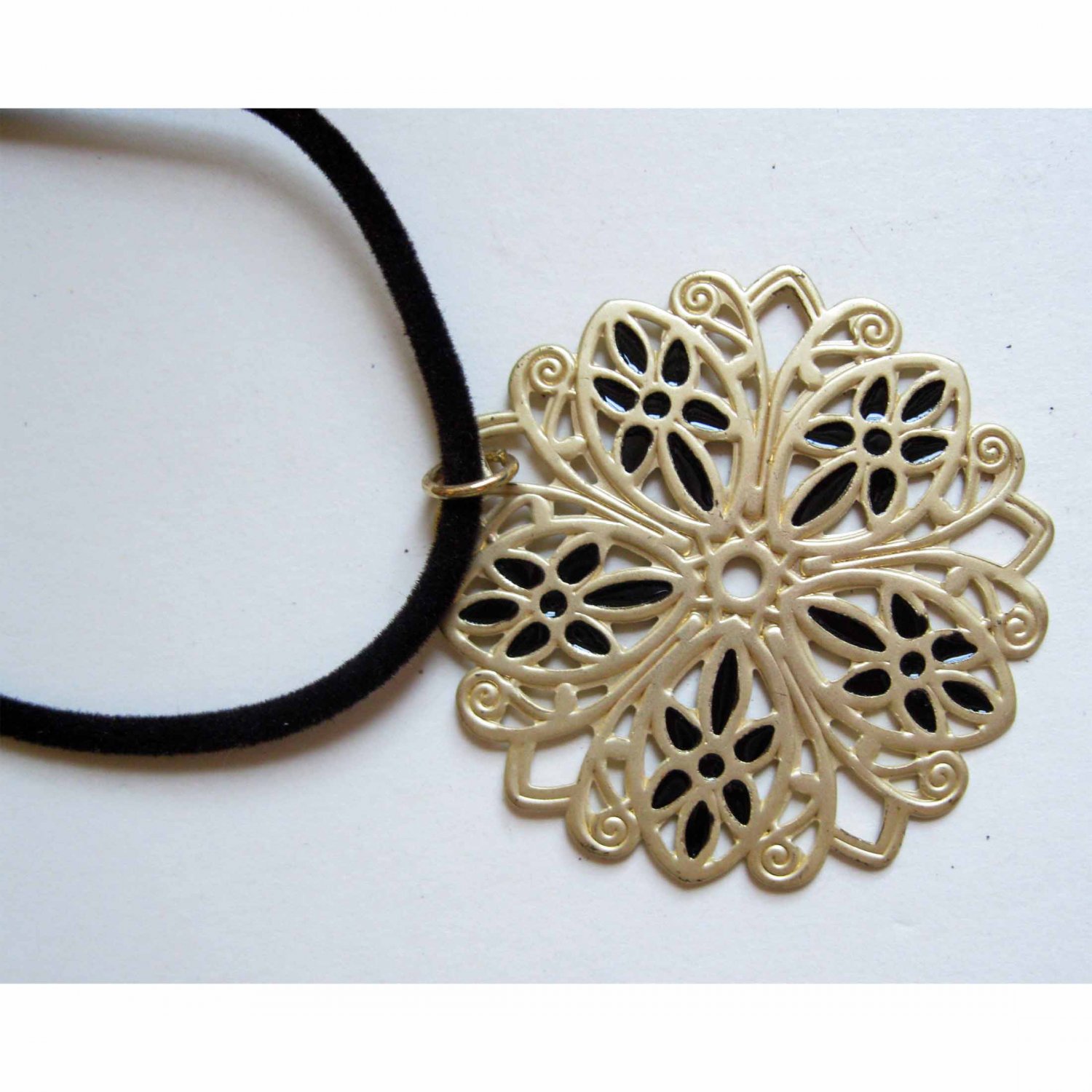 Gold and black trendy fashion pendant on velvety cord, boutique jewelry, ON SALE