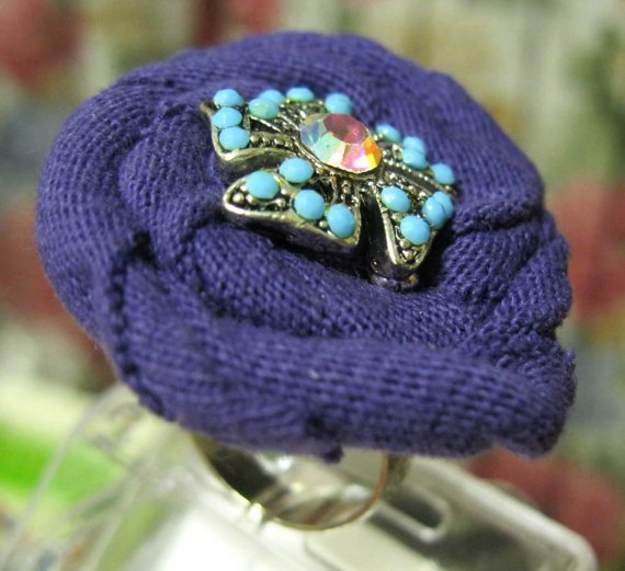 Handmade cotton purple flower adjutable ring with turquoise and crystal