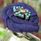 Handmade cotton purple flower adjutable ring with turquoise and crystal