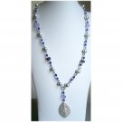 Purple lavender with crystals necklace silver leaf pendant