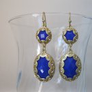 SALE: Trendy royal blue and gold with crystals drop earrings {2390E}