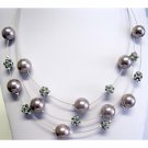 Three strands pearl fashion necklace green crystals