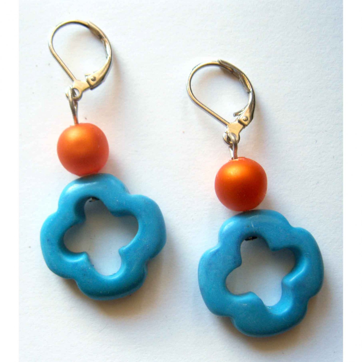 Blue cross semiprecious drop earrings with orange