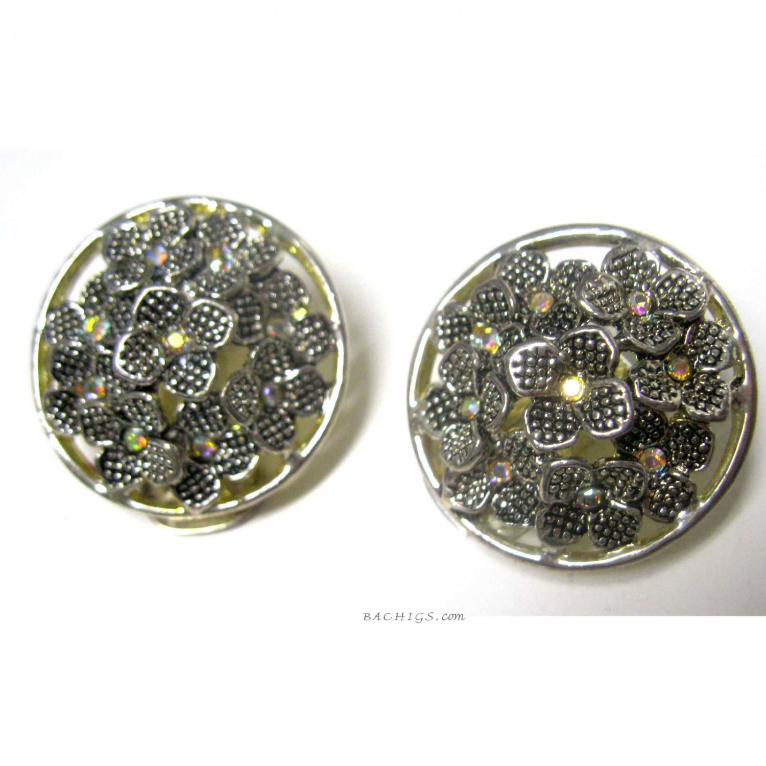 Silver flowers with crystals clip on earrings {2552E}