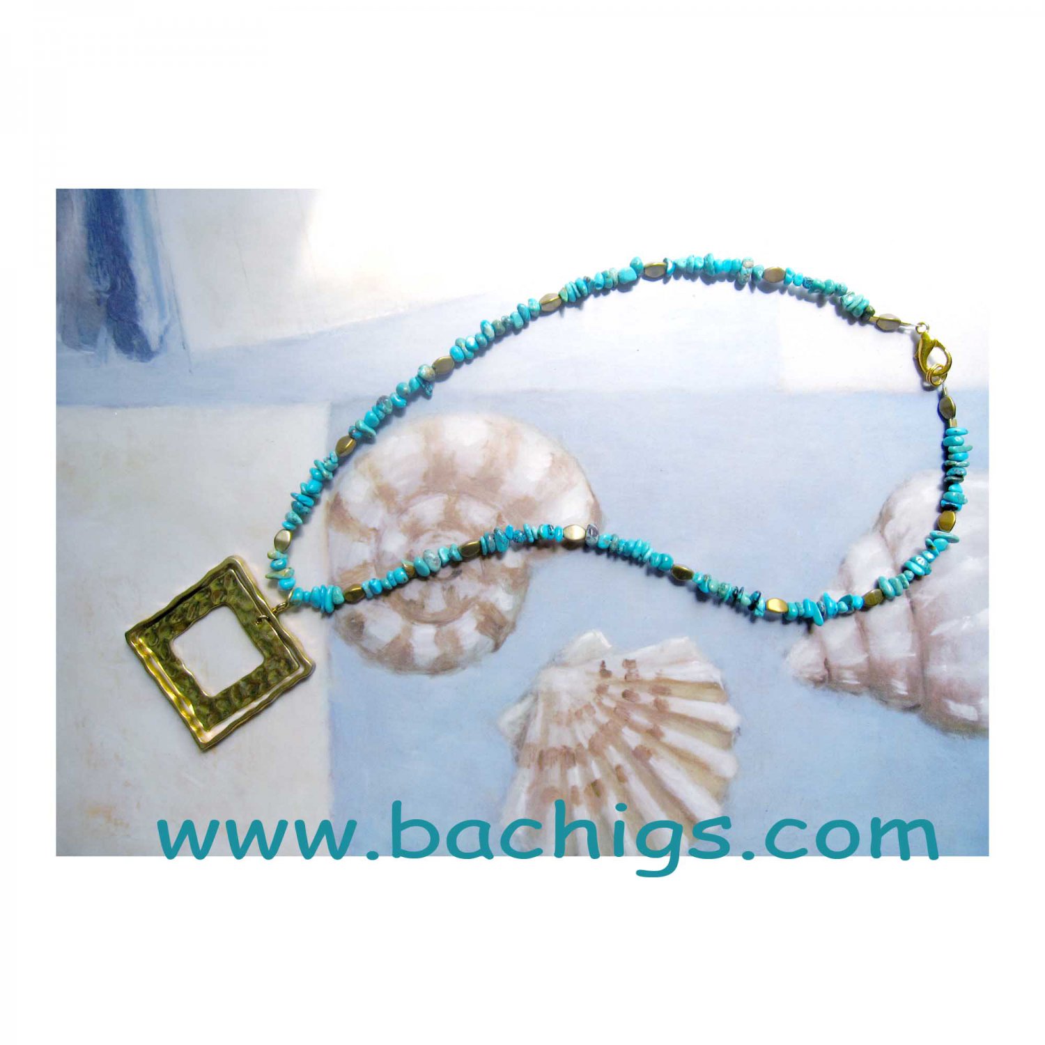 Semiprecious turquoise with square geometric gold pendant ooak