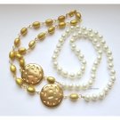 Gold and handknotted faux pearl ooak trendy long fashion necklace by Lucine