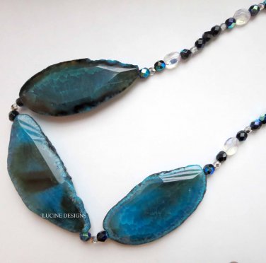 Blue agate gemstone statement necklace Lucine Designs jewelry