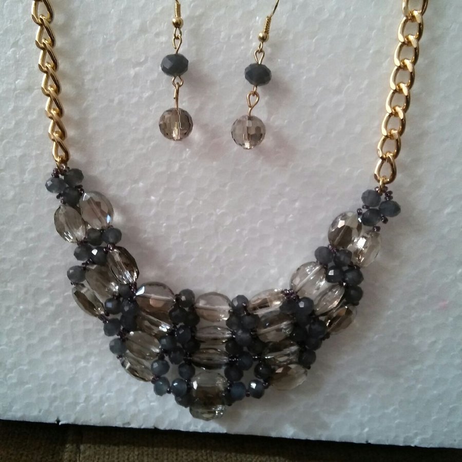 Statement gold and grey beaded necklace and earrings set