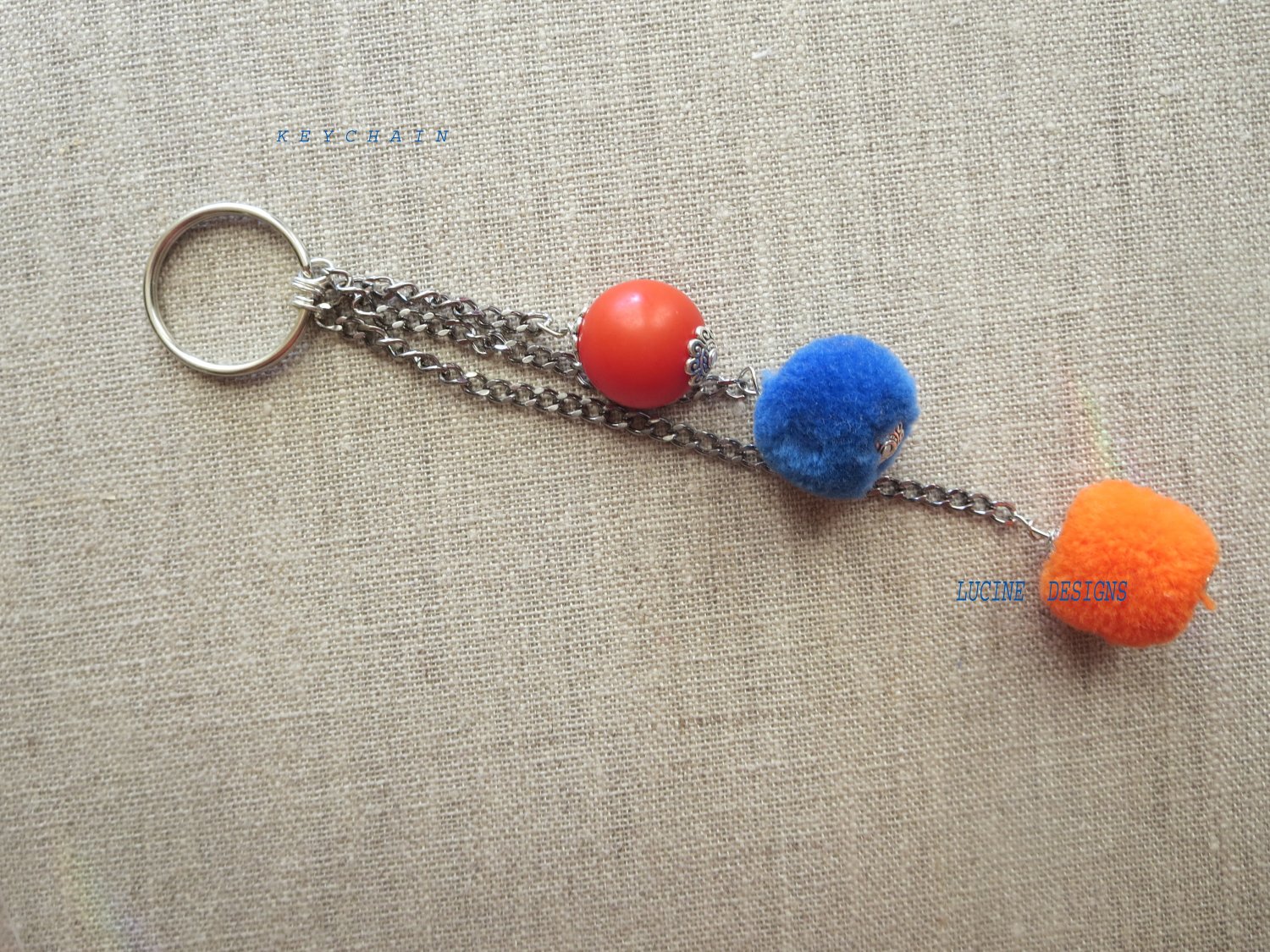 Handmade keychain tricolor, red, blue and orange, for home or car #36K one of a kind