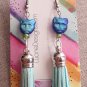 Blue leather tassel and cat drop earrings fashion jewelry gift idea