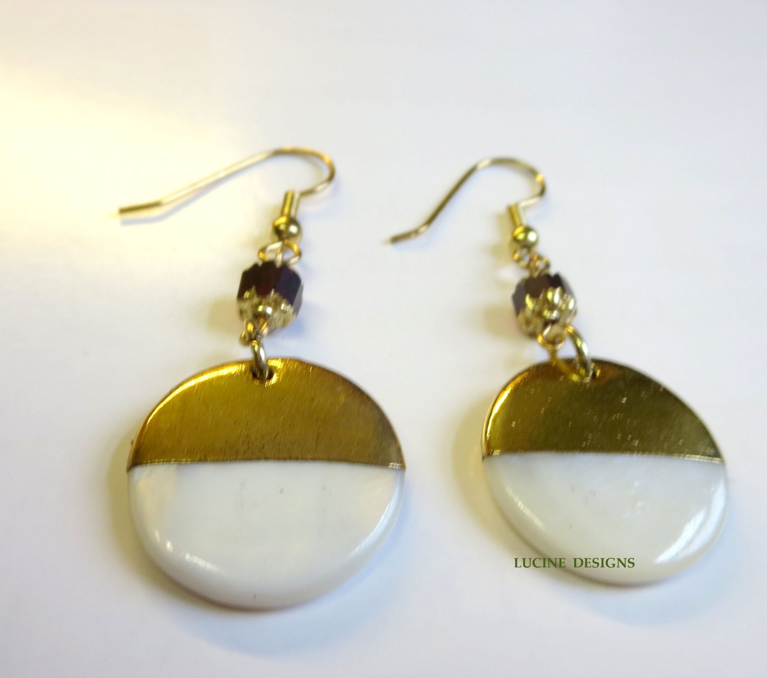 Gold drop earrings with mother of pearl and red glass bead fashion earrings #3185 Lucine Designs