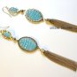 Gold blue beaded tassel earrings, wirework fashion jewelry Lucine Designs no.3195E