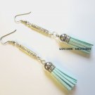 Blue leather tassel and crystals drop earrings one of a kind boho jewelry Lucine Designs no.3194E