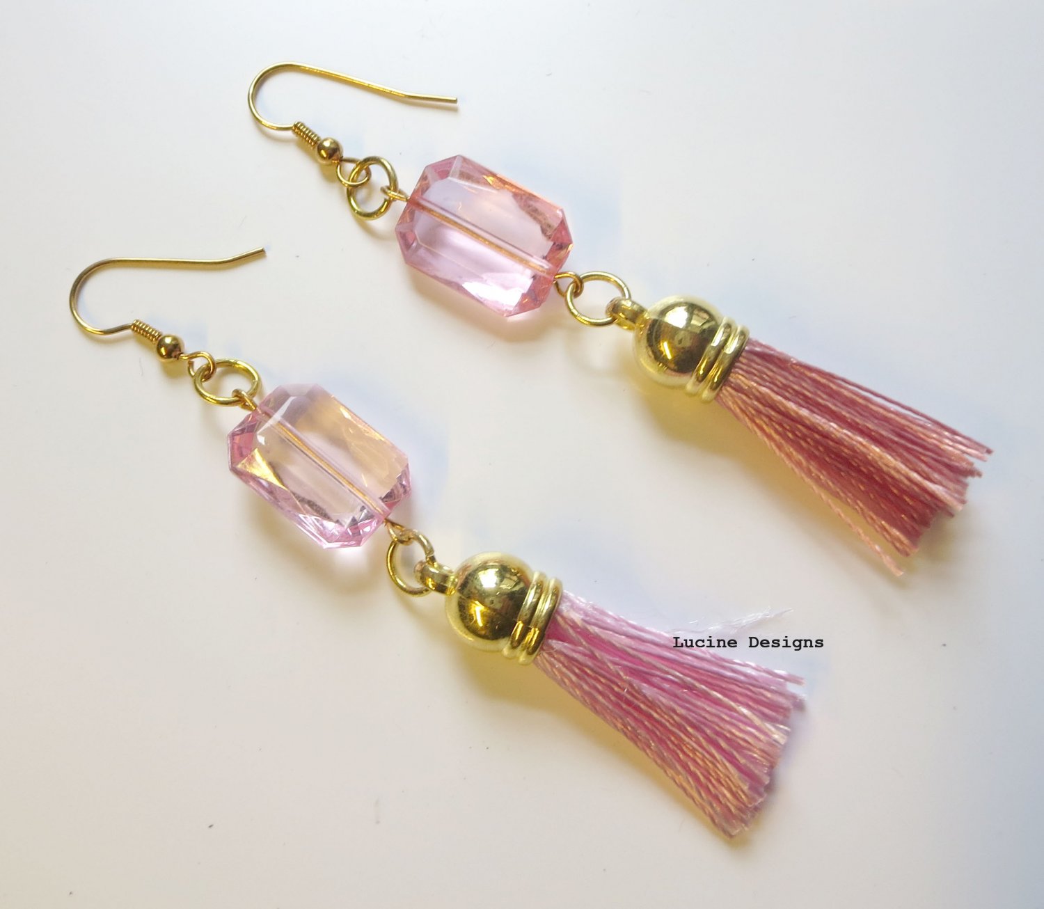 Pink tassel earrings boho statement jewelry one of a kind Lucine Designs No.3186E