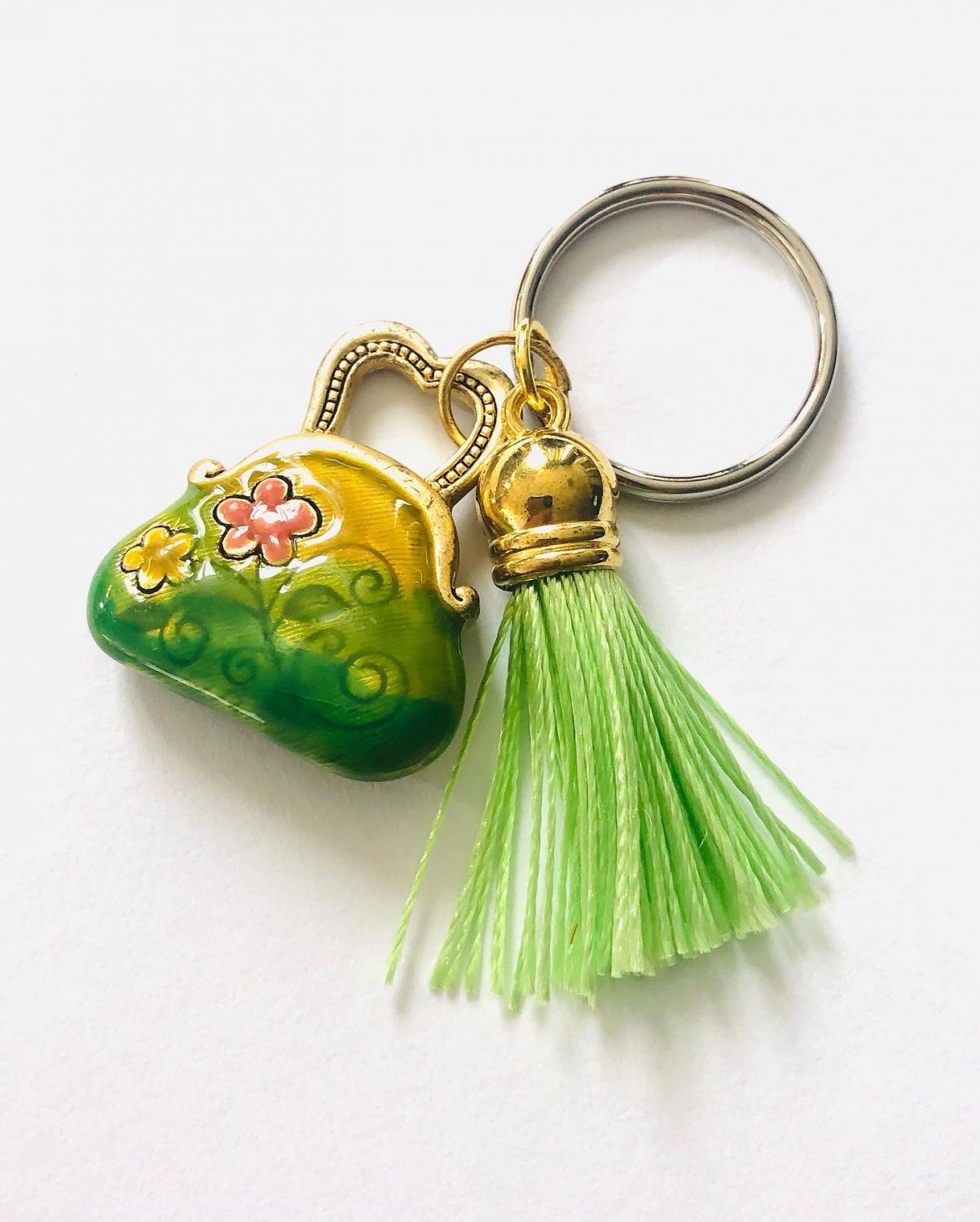 Handmade keychain with vintage purse charm and lime tassel, home and car gifts, #7042K