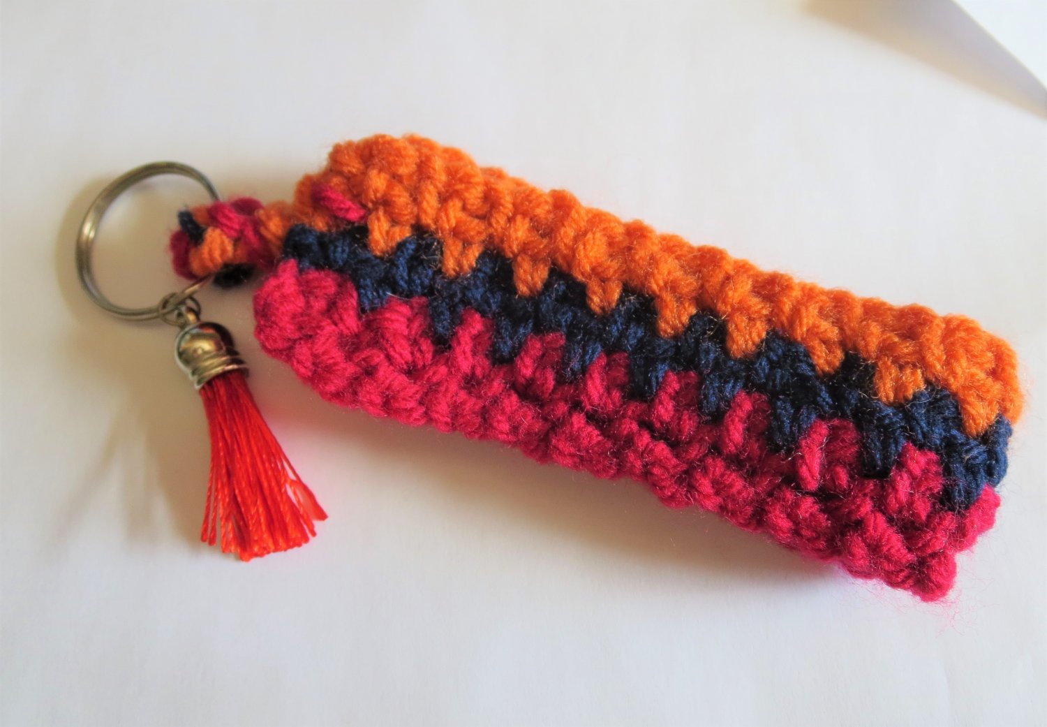 Handmade keychain tricolor, red, blue, orange crochet, home and car, 7029k gifts,