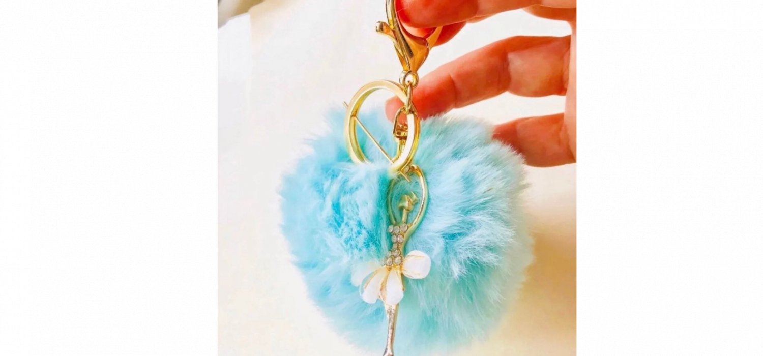 Blue keychain large pompom and ballerina charm, home and car, 7040k gifts,