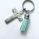 Blue keychain with silver cross, home and car, 7045k gift ideas