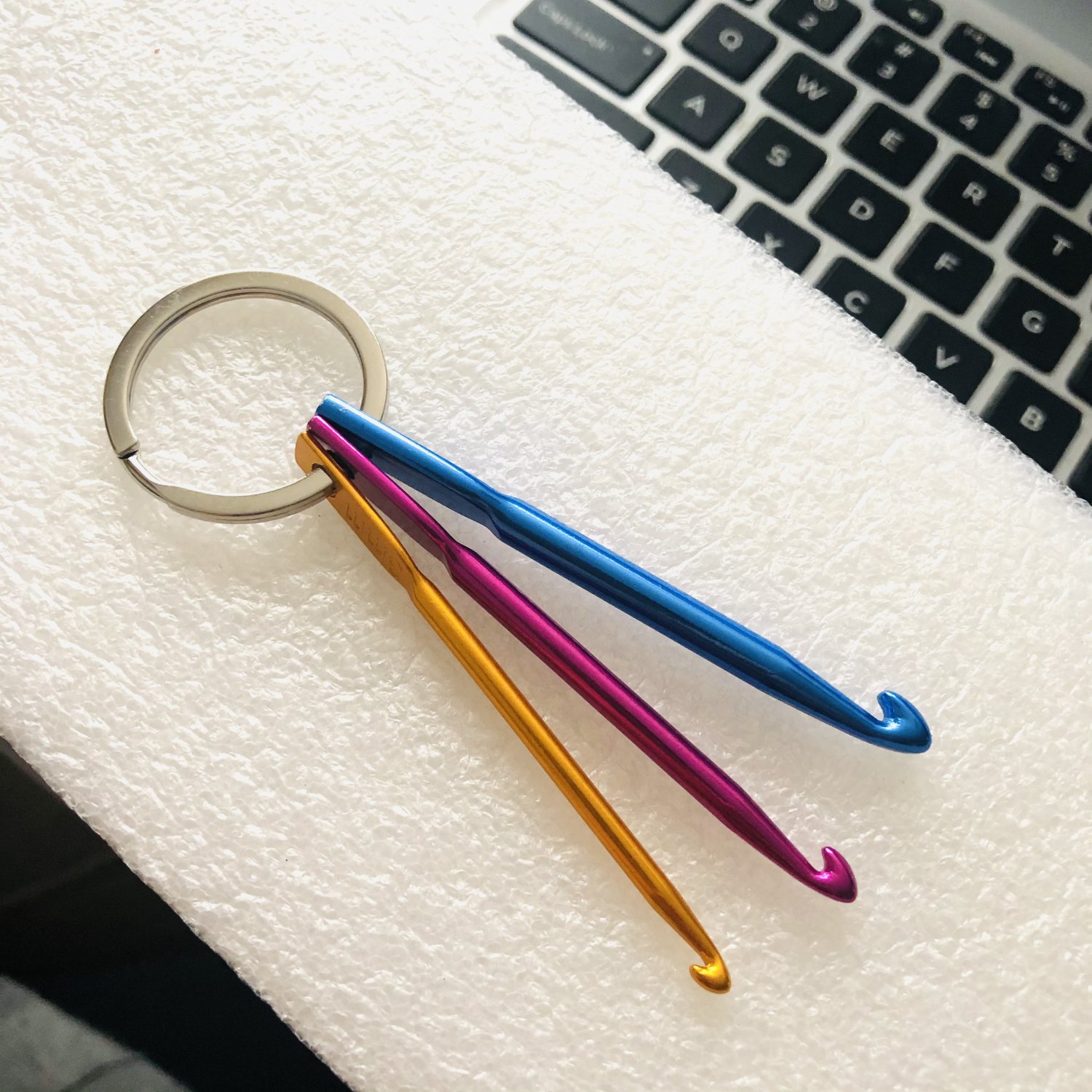 Crochet hooks set of three on keychain, home, office and car keys, #7055k gift ideas