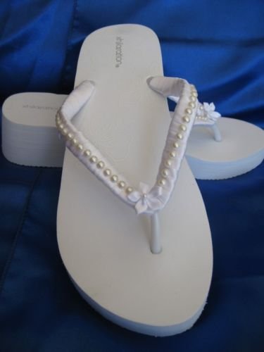 Bridal Flip Flops Beach Wedding Flip Flops Sandal Pearls White Wedge
