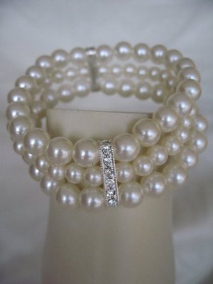 Triple Strand Ivory Pearl Bracelet with Rhinestones Bridal Jewelry
