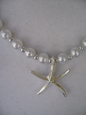 Pearl Necklace with Silver Starfish for Beach Wedding Jewelry