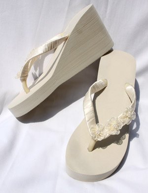 Ivory High Wedge Flip Flops Beach Wedding Sandals with Flowers