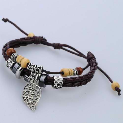 Pretty Vintage Adjustable String of Beads Leaf Pendant Leather Bracelet