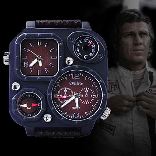 Oulm Genuine Leather Wrist Watch with Dual Quartz Movement/Compass/Thermometer for Man-Brown Dial