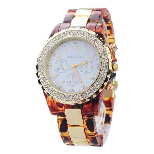 Quartz Movement/Rhinestone Decoration/Acrylic Band - White Dial & Brown Band