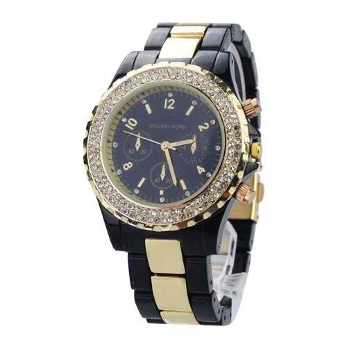 Round Dial Wristwatch with Quartz Movement/Rhinestone Decoration/Acrylic Band - Black Dial & Band